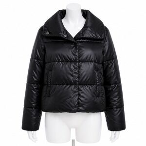 Old Navy Down Fill Puffer Jacket M Black Bubble Coat High Collar Model Off Duty